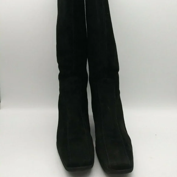 Aquatalia Black Suede Faux Fur Knee High Wedge Heel Side Zip Boots Womens 7.5